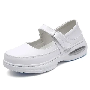 Women’s White Second Layer Leather Nurse Shoes Soft Breathable Non-Slip Hollow Cushioned Medical Work Shoes