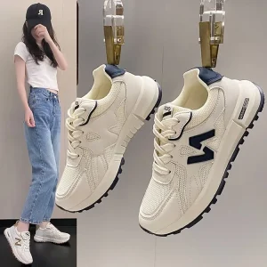 Women’s White Single Casual Shoes for Autumn Small Size Leisure Sports Court Sneakers Mesh Surface Breathable