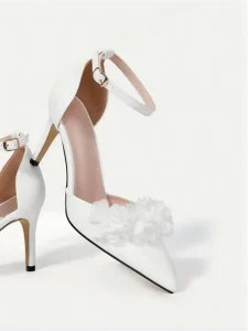 Women’s White Slingback Stiletto Wedding Pumps Pointed Toe Flower Heels Elegant Bridal & Evening Party Dress Shoes