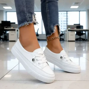 Women’s White Slip On Sneakers Elastic Lace Up Low Top Casual Shoes