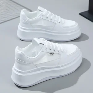 Women’s White Sneakers Versatile Casual Platform Height Increasing Shoes With Breathable Thick Sole Mesh Insole