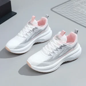Women’s White Sneakers with Rubber Thick Soles, Breathable Mesh Fabric, Trendy Running Shoes