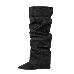 Women’s Wide Calf Slouch Knee High Boots 10.5CM Wedge Heel Pointed Toe Slip on PU Upper Winter Autumn Western