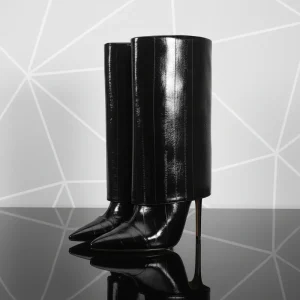 Women’s Wide Calf Stiletto Pointed Toe Winter Ankle Boots Fold Over Shark Boots Slip on in Black PU for Elegant Outfits