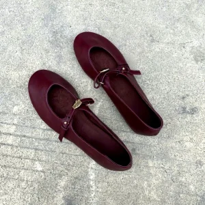 Women’s Wine Red Mary Jane Flats Cute Round Toe Metal Buckle Strap Comfortable Casual Shoes