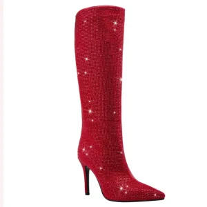 Women’s Winter Ankle Boots Tiny Diamonds Pleated Pointed Toe Stiletto High Heels Rhinestone Height Increasing Autumn