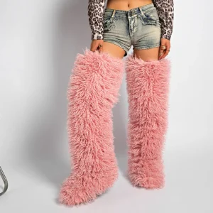 Women’s Winter Boots Fluorescent Yellow Red Fluffy Mongolian Fur Boots Comfortable Outdoor