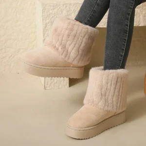 Women’s Winter Casual Snow Boots Striped Hair Decorative Suede Mid Barrel Warm Comfortable Thick Soled Cotton Shoes