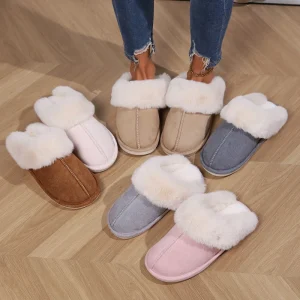 Women’s Winter Closed Toe Anti-Slip Sole Warm Fluffy Faux Plush Indoor Casual Slides Slippers