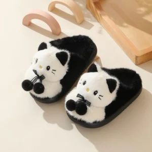 Women’s Winter Cotton Slippers Cute Cat Design Closed Toe Non Slip EVA Sole Warm Plush Winter High Quality Slippers