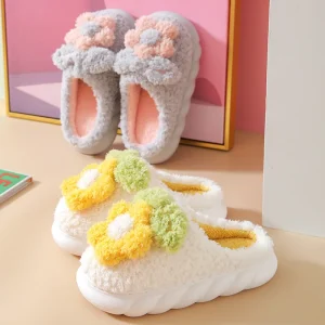 Women’s Winter Cotton Slippers Cute Indoor Thick-Soled Anti-Slip Half-Cover Heel Fuzzy Cloud-Like Comfort for Home Use Couple