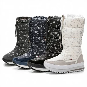 Women’s Winter Cross-Border European American High Tube Snow Boots Floral Pattern Faux Fur Upper Zipper Closure Anti-Slip Rubber