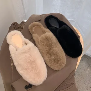 Women’s Winter Faux Mink Fur Warm Furry Flat Lazy People Wear Mules Fluffy Loafers Slippers