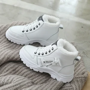 Women’s Winter Fleece Lined High Top Boots Artificial Pu Upper Rubber Outsole Front Laces Slip On Casual Shoes