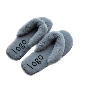 Women’s Winter Fluffy Fur for Slippers Fashionable Indoor Floor Flip Flops Soft Platform Flats with Embroidered Logo