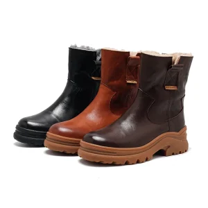 Women’s Winter High Heel Waterproof Lightweight Shiny Lace-Up Calf Boots with Rubber Outsole