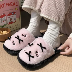 Women’s Winter Indoor Home Slippers Bowknot Plush Platform Soft Closed Toe Autumn Winter Warm Plush Slipper