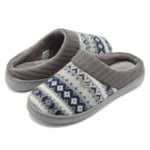 Women’s Winter Indoor Slippers Memory Foam House Embroidered Pattern Ribbon Sweater Knit Clog Style Anti Slip Home