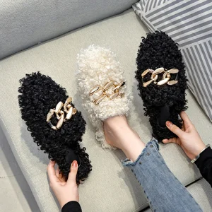 Women’s Winter Lambswool Flats Mules with Chain Decor Plush Curly Fur Furry Fluffy Loafers Slippers