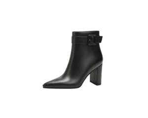 Women’s Winter Mid-Calf High Heel PU Ankle Boots with Zip Closure Buckle Strap Pointed Toe Comfort Booties
