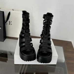 Women’s Winter Mid Calf Punk Open Toe Boots with Thick Soles and Metal Zipper Closure
