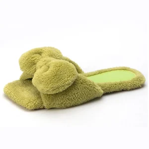 Women’s Winter Open Toe Flat Home Plush Fluffy Square Toe Mules Terry Faux Fur Cloth Bow Sandals Slippers