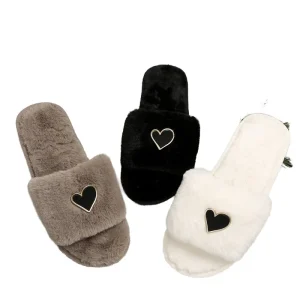 Women’s Winter Open Toe Heart Pattern Fur Upper Plush Lining Comfort Anti-Slippery Soft Warm Indoor Outdoor