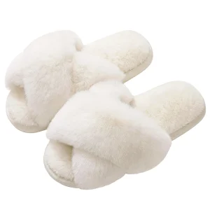 Women’s Winter Plush for Slippers with Cross Straps Comfortable Open Toe Indoor Outdoor Memory Foam Fluffy for Slippers Fur
