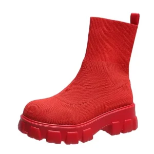 Women’s Winter Short Boots Large Size 36-43 Solid Color Thick Sole Slip On with Knitted Round Head