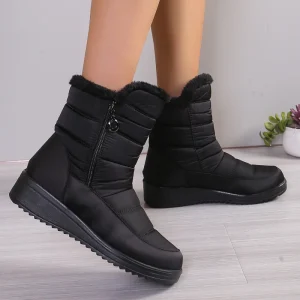 Women’s Winter Snow Boots Fur Lined Warm Ankle Boots Side Zipper Non Slip Waterproof Wedge Boots
