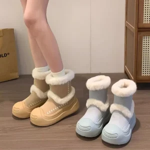 Women’s Winter Snow Boots Genuine Leather Upper Ankle Bootie Toe Fleece Lined Thick Soles Non Slip Boots