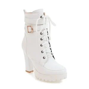 Women’s Winter Spring Chunky High Heel Shoes Lace up Ankle Boot Versatile High Heels