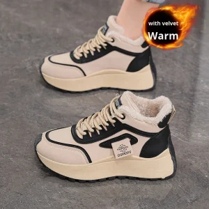 Women’s Winter Thick-Soled High-Top Lace-Up Sneakers Plush Lining Korean Style Durable Versatile Platform Shoes