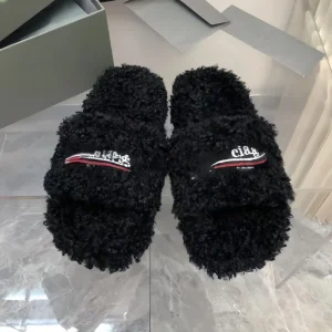 Women’s Winter Warm Heels Sandals Open Toe Platform Slippers with Embroidery Furry Slide for Women