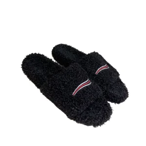 Women’s Winter Warm Sandals Open Toe Platform Slippers with Embroidery Furry Slide Slippers for Women