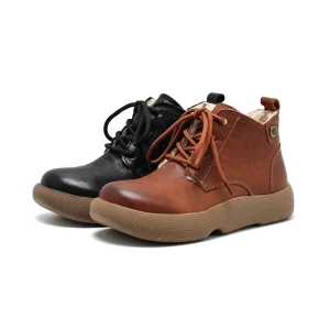 Women’s Winter Waterproof Burnished Lace-Up Ankle Boots with Rubber Outsole and Fashion Design