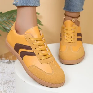 Women’s Yellow Retro Sneakers Lace Up Casual Flat Shoes Contrast Stripe Fashion Low Top Sneakers Comfortable Daily Footwear