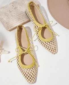 Women’s Yellow Trim Bow Detail Crochet Pointed Toe Flat Shoes Mesh Slip on Ballet Flats Breathable Summer Casual Sandals