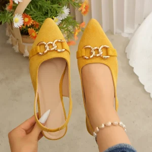 Women’s Yellow Velvet Slingback Flats Pointed Toe Gold Chain Buckle Casual Daily Fashion Comfortable Shoes New