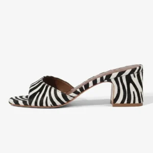 Women’s Zebra Print Block Heel Mules Hair on Leather Wide Strap Animal Print Slide Sandals OEM Custom
