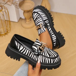 Women’s Zebra Print Platform Loafers Black Metal Chain Decor Casual Daily Office Fashion Comfortable Footwear