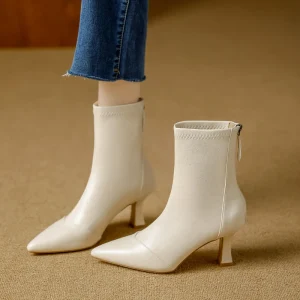 Women’s Zip Back Elastic Ankle Boots Pointed Toe Mid Heel Booties for Office and Party