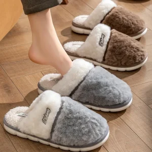 Women’s and Men’s Plush Winter Slippers Warm Home Floor Slippers with PVC Outsole and Artificial Hair Lining