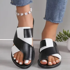 Women’s slippers casual flat large size colour blocking open toe comfortable black and white peep toe shoes