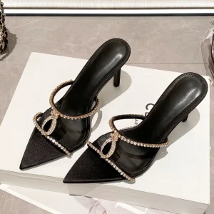 Women’s stylish low heeled stiletto shoes with rhinestones