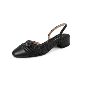 Woven Design Slip On Women’s Summer Chunky Heel Genuine Leather Upper Round Toe Roman Sandals