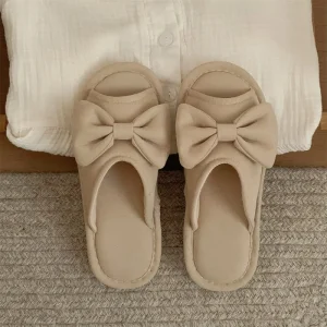 XIXITIAO Cute Bow Cotton Linen Slippers for Women All Seasons Non slip Home Bedroom Floor Shoes Universal Sandals