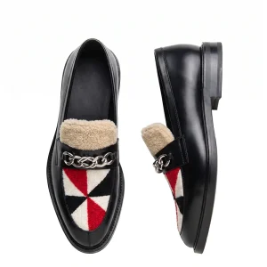 Xinzirain Custom Design Elegant Leather Furry Patchwork Geometric Pattern Fashion Flat Slip On Shoes Metal Chain Loafers