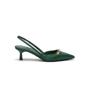 Xinzirain Custom Emerald Green Satin Pointed Toe Pearl Gold Chain Wedding Bridal Party Comfort Elegant Slingback Kitten Heels