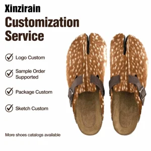 Xinzirain Custom Unisex Split Toe Tabi Thick Sole Slip On Round Toe Slides Furry Mule Cork Fuzzy Clogs Shoes
